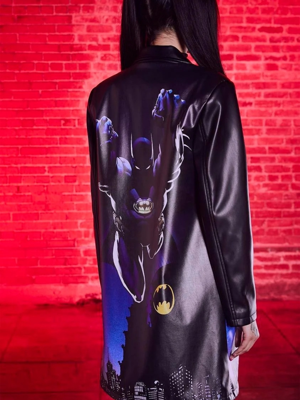 Dolls Kill Black Faux Leather Batman Graphic Long Coat